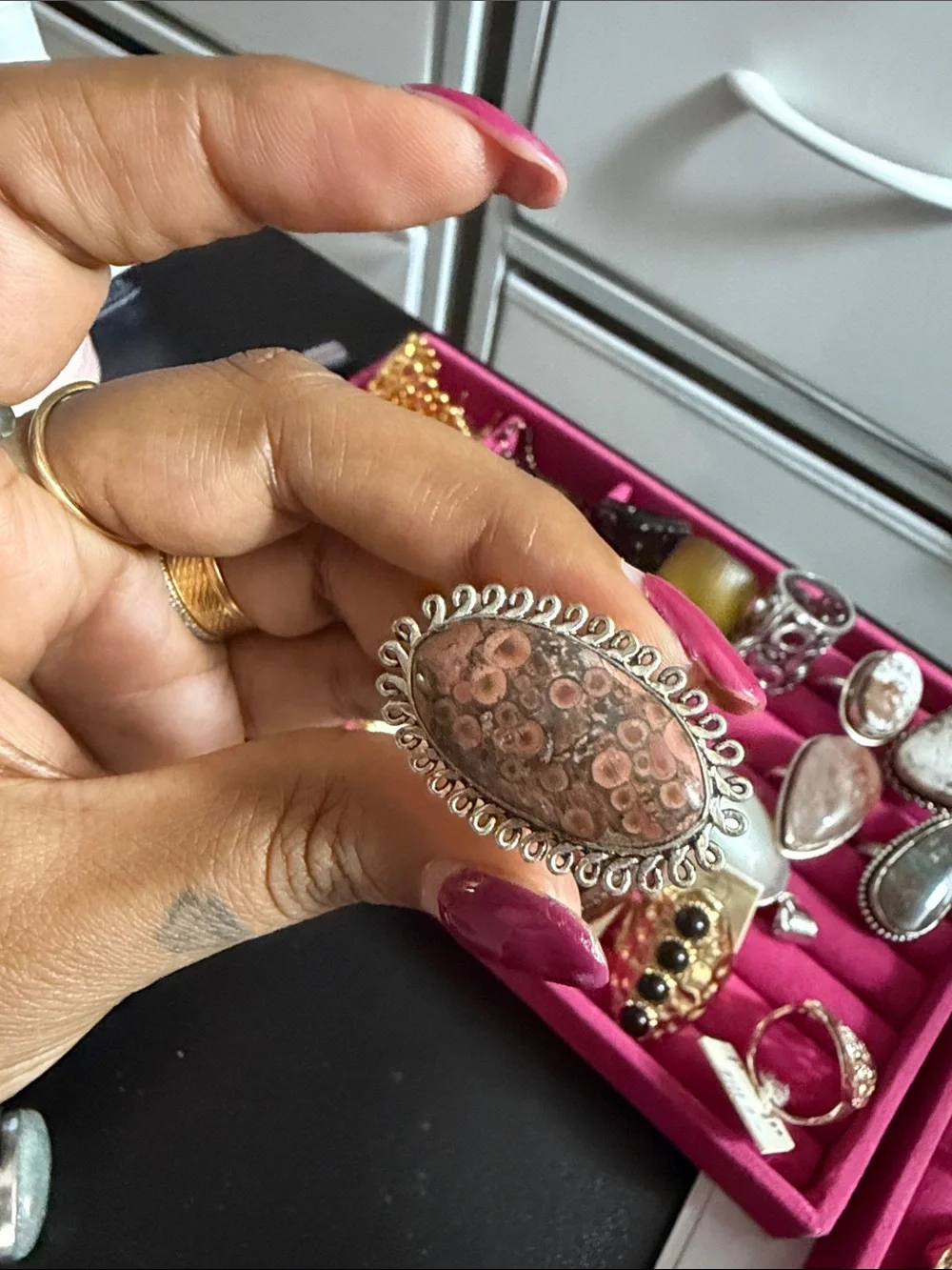 925 Sterling Silver Pink Jasper Statement Ring - Elegant Pink Cabochon